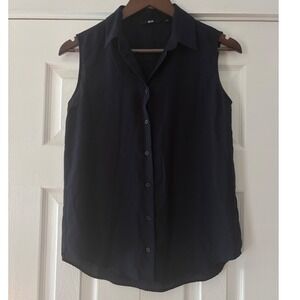 Uniqlo Womens Navy Blue Sleeveless Button Down Rayon Blend Shirt XS
